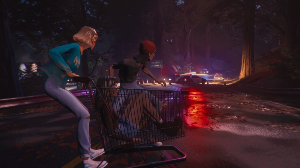 Friends riding a shopping cart away from police lights in Mixtape