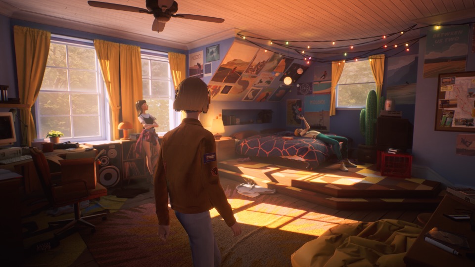 A sunlit bedroom filled with posters, speakers, and records in Mixtape