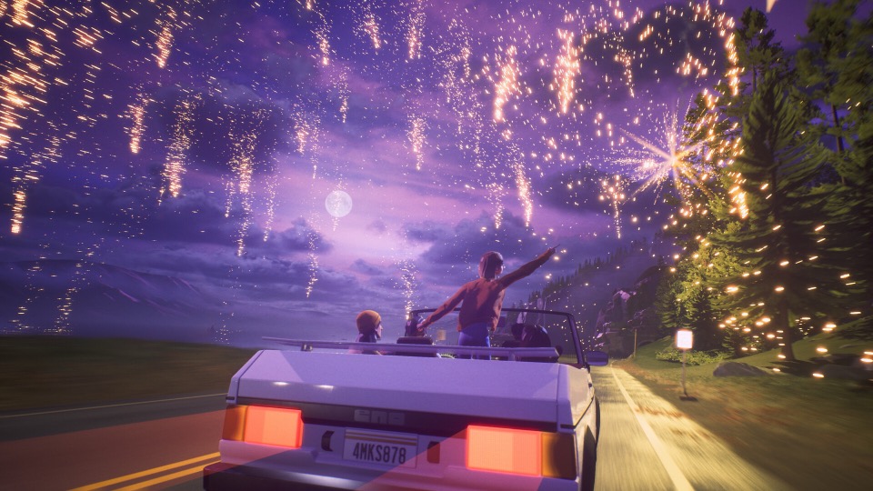 Friends in a convertible under fireworks in Mixtape