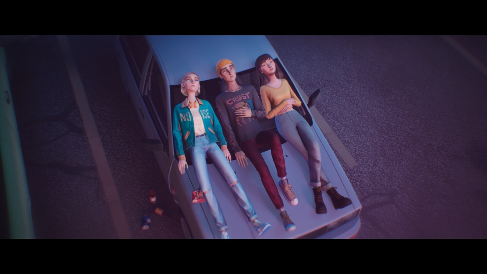 Three friends lying on the hood of a car at night in Mixtape