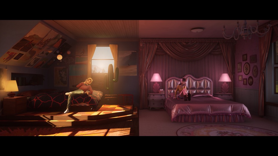 Split-screen bedroom memory scene in Mixtape